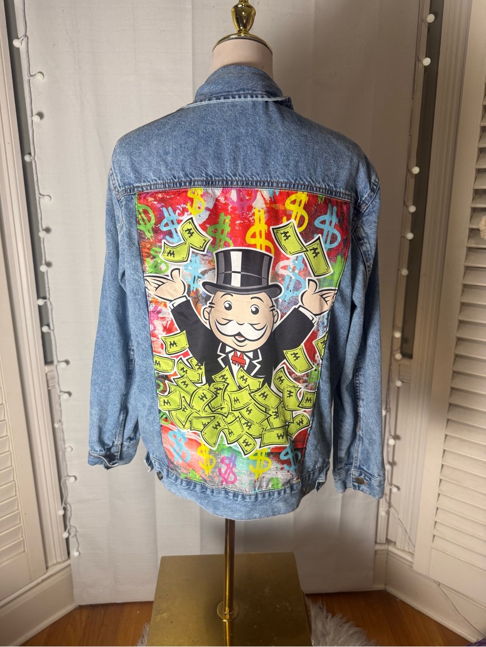 Monopoly Denim Jacket Medium Graffiti Money Graphic Jean Jacket Streetwear